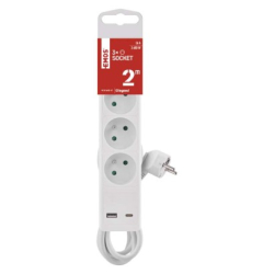 Prodlužovací kabel 2 m / 3 zásuvky / s vypínačem / bílý / 1×USB-A + 1×USB-C / 1,5 mm2