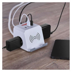 Prodlužovací kabel - kostka 2 m / 2 zásuvky / bílý / 2×USB-A+1×USB-C+Qi / 1,5 mm2