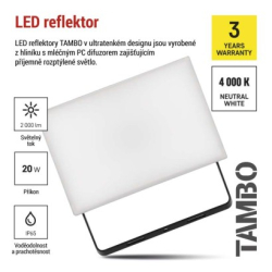 LED reflektor TAMBO, 20 W, 2000l m, IP65, černý