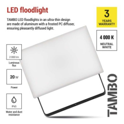 LED reflektor TAMBO, 20 W, 2000l m, IP65, černý