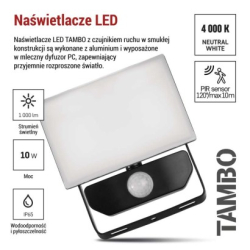 LED reflektor TAMBO se senzorem pohybu, 10 W, 1000 lm, černý